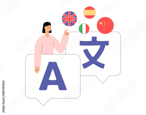 Translation service. Language learning. Student choosing English course to learn in internet school. Online translator. Digital education concept. Flat vector illustration