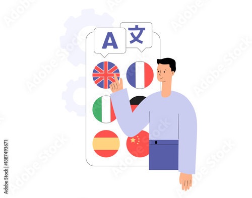 Translation service. Language learning. Student choosing English course to learn in smartphone app. Online translator. Digital education concept. Flat vector illustration
