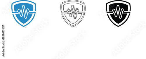 Set of shield icons with heartbeat line representing security and health vector graphics for medical or safety concepts