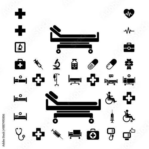 Hospital Bed and Medical Equipment Silhouette Pack - Healthcare Facility Icons