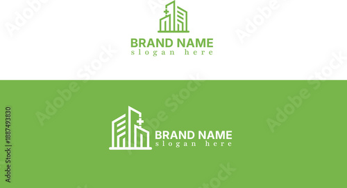 Modern building logo with plus sign minimalist vector design for real estate or healthcare business clean graphic element for branding