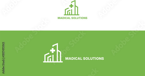Modern medical building logo with plus sign clean vector illustration for healthcare and pharmaceutical branding isolated on white