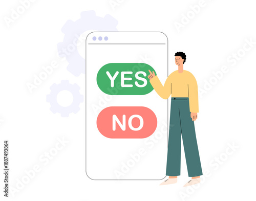 Yes or No buttons on smartphone app. Decision making, choice, selection, answer, reply, accept of refuse. Agree and reject. Flat vector illustration