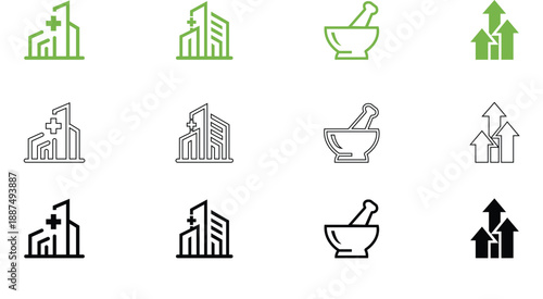 Medical building and mortar pestle icons with growth arrows flat vector symbols for healthcare and pharmacy services isolated on white background