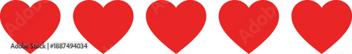 Five vibrant red heart shapes neatly arranged on a clean white background
