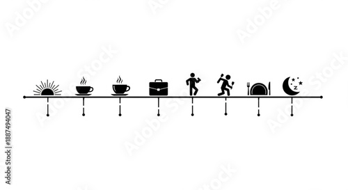 Timeline illustration of daily activities from sunrise to moonlight showcasing various human actions and objects in a sequential order