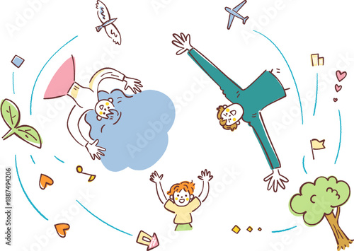 芝生に寝そべり大空と未来を笑顔で見上げる親子3人、周囲に家やハートのアイコンが浮かぶ家族の夢と将来設計をイメージした手書き風イラスト - 未来の芽吹きシリーズ