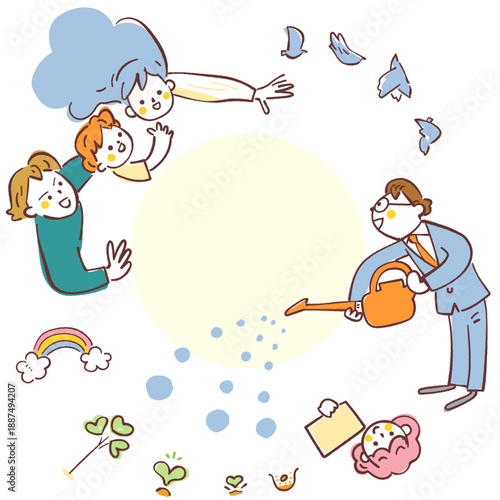 家族が大切に育てる光る芽にジョーロで水を注ぐ行政支援スタッフ、ハートとキラキラが溢れる子育て支援と公助のメタファーイラスト - 未来の芽吹きシリーズ