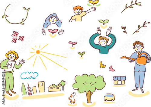 案内するスタッフや水やりをする男性と喜ぶ家族に街並みや虹のアイコンを詰め合わせた、子育て支援窓口用ベクターイラスト素材セット - 未来の芽吹きシリーズ
