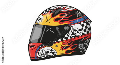 Motorcycle Helmet with Flames and Skulls Design.