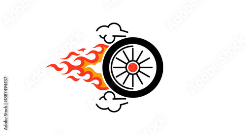 Burning Tire with Flames and Smoke.