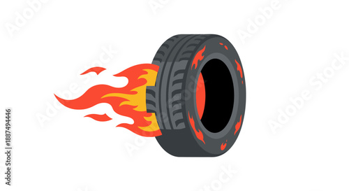 Burning Tire with Flames on Sidewall.