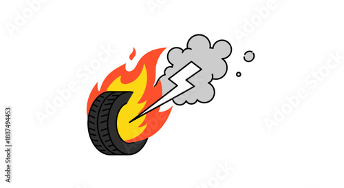 Burning Tire with Lightning Bolt Illustration.