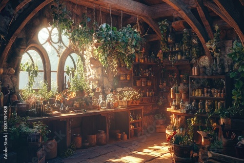 Magical Greenhouse Workshop, Plants and Herbs, Sunlit Cottage, Cozy Interior, Wide-Angle, Enchanted Botanical Arrangement, Warm Vintage Fantasy Concept