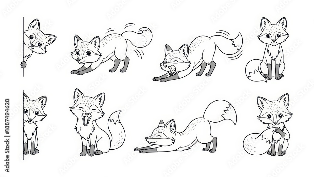 Fototapeta premium Cute Fox Illustrations: Curious, Playful, and Stretching Poses