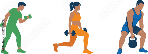 a man in green performing dumbbell curls, a woman in orange executing weighted lunges, and a muscular man in blue doing a heavy kettlebell squat.