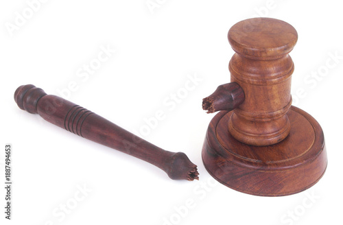 Foto Broken judge gavel isolated on white background