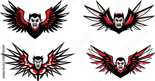 Collection of four stylized vampire or demon head illustrations featuring sharp fangs and dramatic spread wings in bold red and white colors