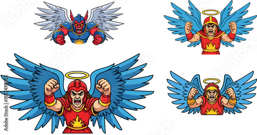 Collection of four distinct cartoon stylized winged warrior headshots featuring angels and demons in dynamic aggressive poses suitable for gaming concepts.