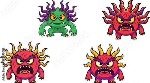 Set of four distinct cartoon monster character designs featuring angry expressions green and various red horned creatures perfect for gaming assets or scary illustrations