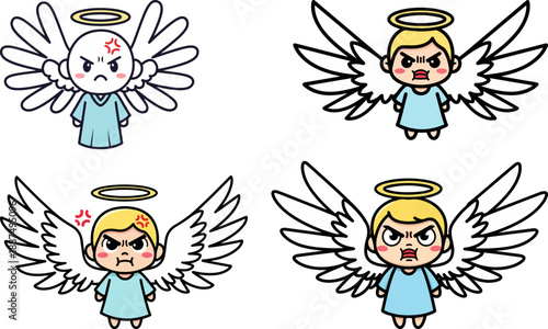 Set of four cute yet angry little cartoon angels isolated on a black background displaying various expressions of intense divine frustration and displeasure