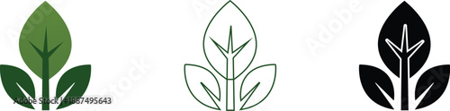 Collection of leaf icons in green outline and black representing nature and growth for eco-friendly design concepts