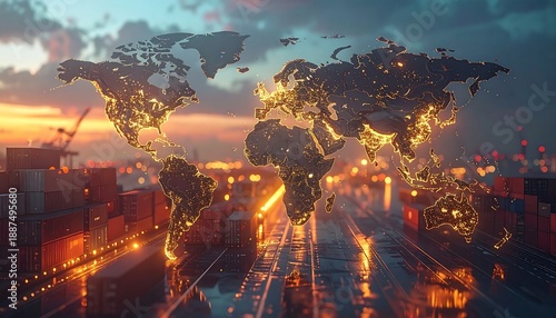 Global trade illuminated world connections glowing map, shipping containers, sunset sky, logistics hub, modern commerce, vibrant international business, futuristic supply chain.