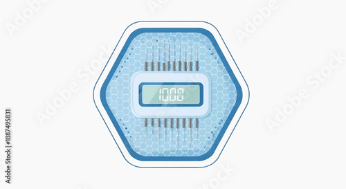A blue hexagonal scale icon with a digital display showing weight measurement on a plain background viewed from directly above