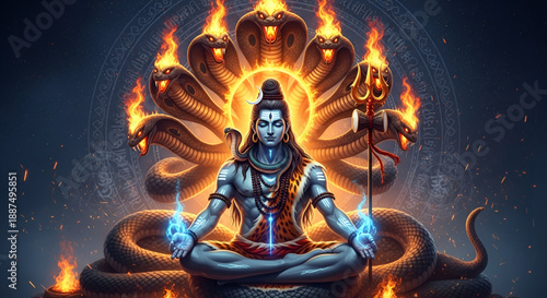 Maha shivratri shiva cosmic meditation form with naga fire energy power devotion hindu spirituality mythology culture divine art