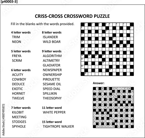 Crossword puzzle page (p40003-3) with criss-cross, or fill-in, word game (English language). Comfortable level, family friendly, answer included. 15 x 15 size, 28 highly interlocked words.
