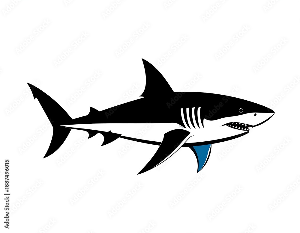 Fototapeta premium A black and white cartoon shark with blue fins swims right