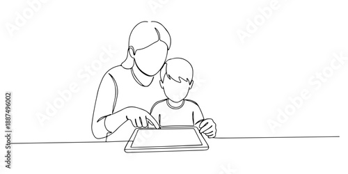 Continuous one line of a parent guiding a child through reading on a tablet, artwork representing digital homeschooling, drawn vector illustration.