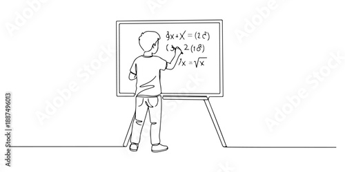 Continuous one line of a child practicing math on a whiteboard, symbolizing arithmetic lessons at home, drawn vector illustration.