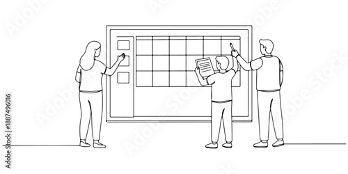Continuous one line of a parent creating a schedule board for homeschooling, representing organized home education, drawn vector illustration.