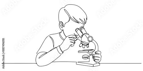 Continuous one line of a child learning with a microscope at home, artwork symbolizing science in homeschooling, drawn vector illustration.