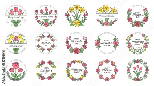 Floral Wreath Clipart Set with Tulips and Daffodils on White Background