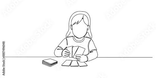 Continuous one line of a child learning languages ​​with flashcards, representing language education at home, drawn vector illustration.