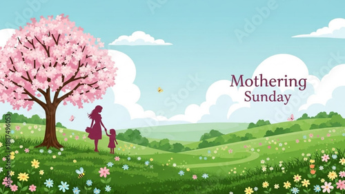 Mother and Child Walking under Blooming Tree on Mothering Sunday
