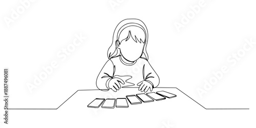 Continuous one line of a child learning languages ​​with flashcards, representing language education at home, drawn vector illustration.