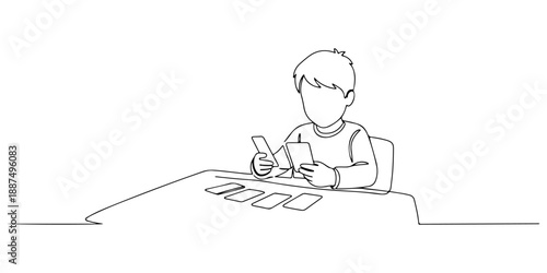 Continuous one line of a child learning languages ​​with flashcards, representing language education at home, drawn vector illustration.