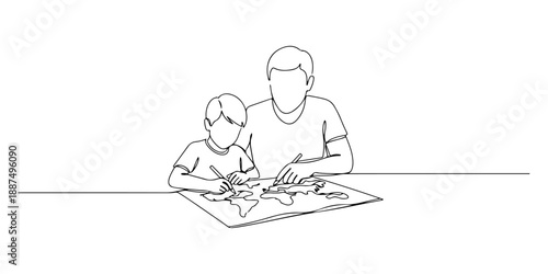 Continuous one line of a parent guiding a child in drawing maps, symbolizing geography lessons in homeschooling, drawn vector illustration.