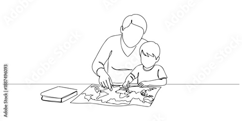 Continuous one line of a parent guiding a child in drawing maps, symbolizing geography lessons in homeschooling, drawn vector illustration.