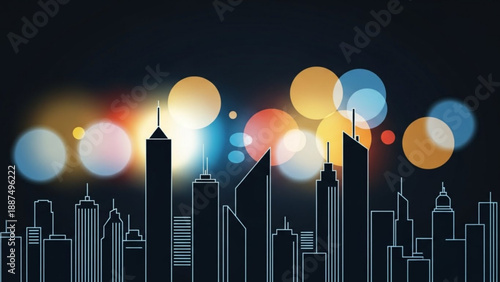 City Skyline at Night with Bokeh Lights and Skyscrapers