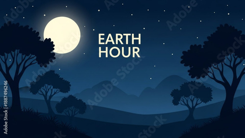 Earth Hour Night Landscape with Full Moon and Silhouetted Trees