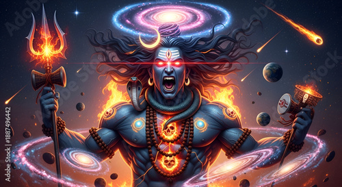 Shiva cosmic wrath form revealing divine power energy and destruction with trishul damru fire aura mythology faith devotion culture festival spiritual concept