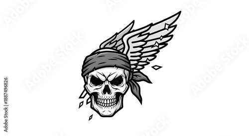 Skull with Wings and Bandana Illustration.
