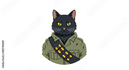 Black Cat Wearing Military Style Jacket.