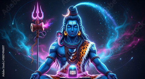 Shiva cosmic meditation with trishul and damru during mahashivratri festival showing divine power spirituality devotion hindu culture sacred faith and eternal energy