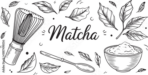 Matcha Green Tea Set with Bamboo Whisk and Bowl.