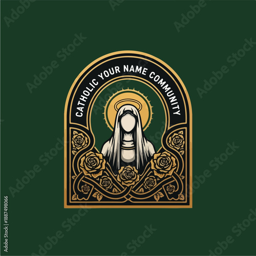 Catholic Community Emblem Featuring Virgin Mary and Roses 1.